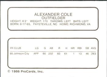1986 ProCards St. Petersburg Cardinals #6 Alex Cole Back