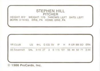 1986 ProCards St. Petersburg Cardinals #12 Stephen Hill Back
