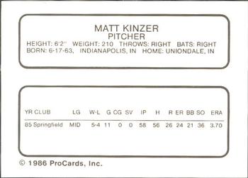 1986 ProCards St. Petersburg Cardinals #17 Matt Kinzer Back