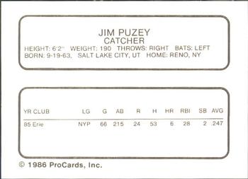 1986 ProCards St. Petersburg Cardinals #25 Jim Puzey Back