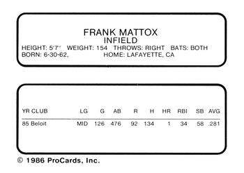 1986 ProCards Stockton Ports #15 Frank Mattox Back