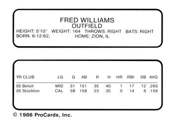 1986 ProCards Stockton Ports #26 Fred Williams Back