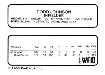 1986 ProCards Sumter Braves #11 Dodd Johnson Back