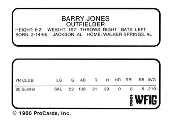 1986 ProCards Sumter Braves #12 Barry Jones Back