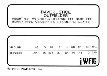 1986 ProCards Sumter Braves #15 Dave Justice Back