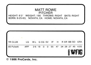 1986 ProCards Sumter Braves #23 Matt Rowe Back