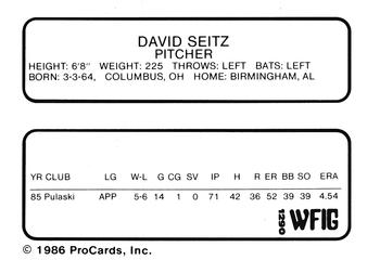 1986 ProCards Sumter Braves #25 David Seitz Back