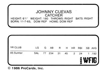 1986 ProCards Sumter Braves #4 Johnny Cuevas Back