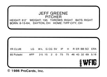 1986 ProCards Sumter Braves #6 Jeff Greene Back