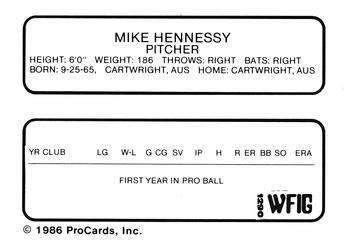 1986 ProCards Sumter Braves #9 Mike Hennessy Back