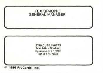 1986 ProCards Syracuse Chiefs #NNO Tex Simone Back