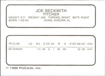 1986 ProCards Syracuse Chiefs #NNO Joe Beckwith Back