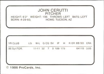 1986 ProCards Syracuse Chiefs #NNO John Cerutti Back