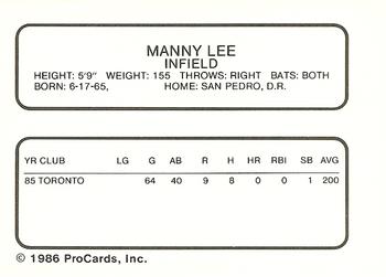 1986 ProCards Syracuse Chiefs #NNO Manny Lee Back