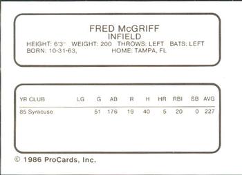 1986 ProCards Syracuse Chiefs #NNO Fred McGriff Back