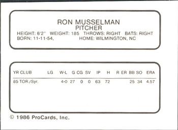 1986 ProCards Syracuse Chiefs #NNO Ron Musselman Back