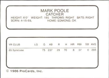 1986 ProCards Syracuse Chiefs #NNO Mark Poole Back