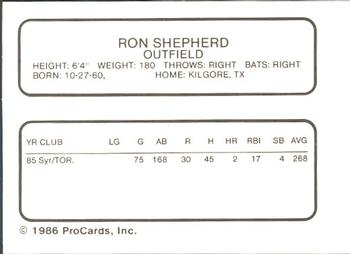 1986 ProCards Syracuse Chiefs #NNO Ron Shepherd Back