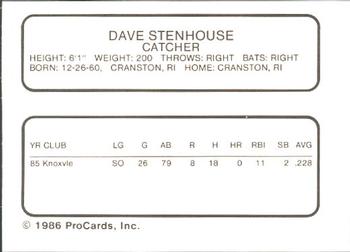 1986 ProCards Syracuse Chiefs #NNO Dave Stenhouse  Back