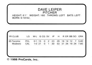 1986 ProCards Tacoma Tigers #12 Dave Leiper Back