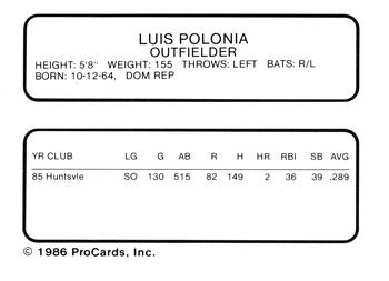 1986 ProCards Tacoma Tigers #17 Luis Polonia Back