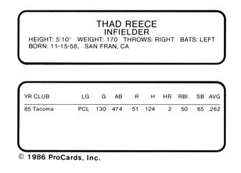 1986 ProCards Tacoma Tigers #18 Thad Reece Back