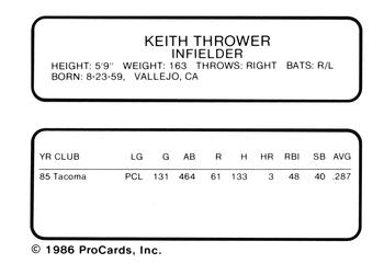 1986 ProCards Tacoma Tigers #22 Keith Thrower Back