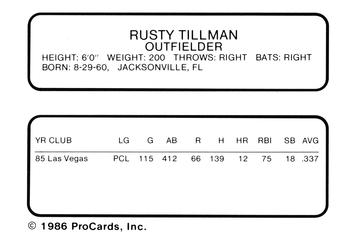 1986 ProCards Tacoma Tigers #23 Rusty Tillman Back