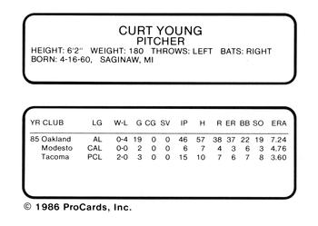 1986 ProCards Tacoma Tigers #25 Curt Young Back