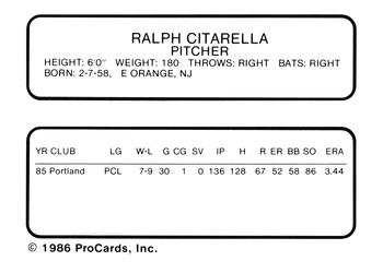 1986 ProCards Tacoma Tigers #2 Ralph Citarella Back