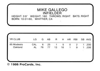 1986 ProCards Tacoma Tigers #7 Mike Gallego Back