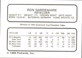 1986 ProCards Tidewater Tides (Mets Logo) #NNO Ron Gardenhire Back
