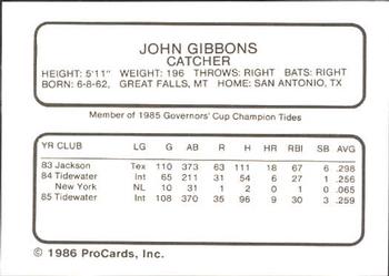1986 ProCards Tidewater Tides (Mets Logo) #NNO John Gibbons Back