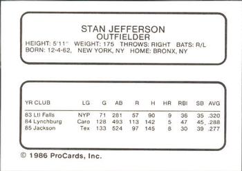 1986 ProCards Tidewater Tides (Mets Logo) #NNO Stan Jefferson Back