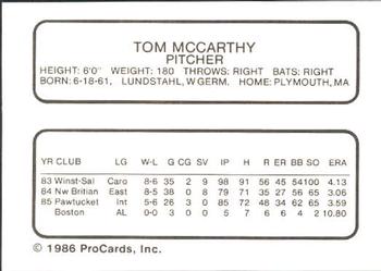 1986 ProCards Tidewater Tides (Mets Logo) #NNO Tom McCarthy Back