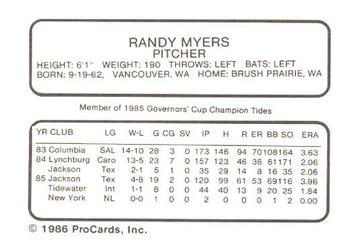 1986 ProCards Tidewater Tides (Mets Logo) #NNO Randy Myers Back