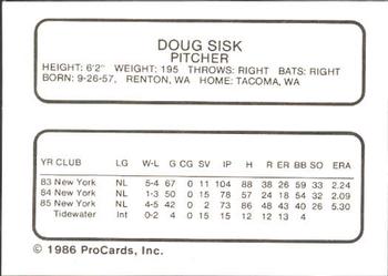 1986 ProCards Tidewater Tides (Mets Logo) #NNO Doug Sisk Back