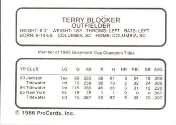 1986 ProCards Tidewater Tides (Mets Logo) #NNO Terry Blocker Back