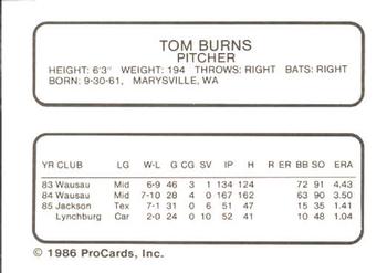 1986 ProCards Tidewater Tides (Mets Logo) #NNO Tom Burns Back