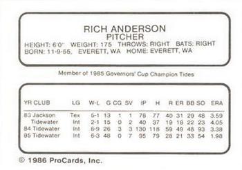 1986 ProCards Tidewater Tides (Mets Logo) #NNO Rick Anderson Back