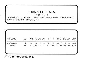 1986 ProCards Toledo Mud Hens #10 Frank Eufemia Back