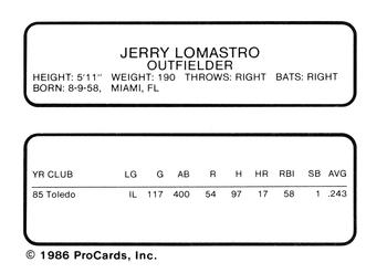 1986 ProCards Toledo Mud Hens #14 Jerry Lomastro Back