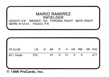 1986 ProCards Toledo Mud Hens #19 Mario Ramirez Back