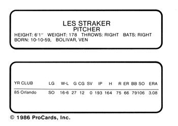 1986 ProCards Toledo Mud Hens #21 Les Straker Back
