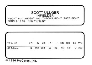 1986 ProCards Toledo Mud Hens #22 Scott Ullger Back