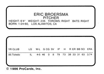 1986 ProCards Toledo Mud Hens #3 Eric Broersma Back