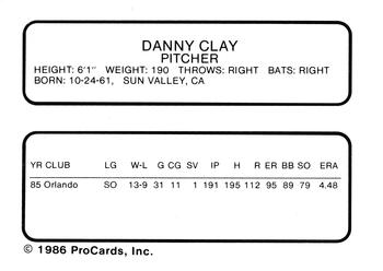 1986 ProCards Toledo Mud Hens #5 Danny Clay Back