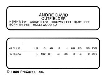 1986 ProCards Toledo Mud Hens #6 Andre David Back