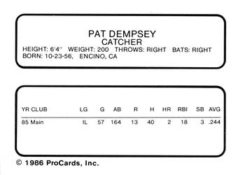 1986 ProCards Toledo Mud Hens #8 Pat Dempsey Back