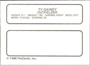 1986 ProCards Tucson Toros #5 Ty Gainey Back